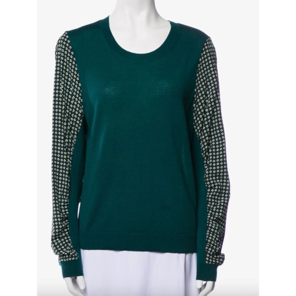 Veronica Beard Merino WoolDeep Green Knit Sweater with Silk Sleeves - Size Large
